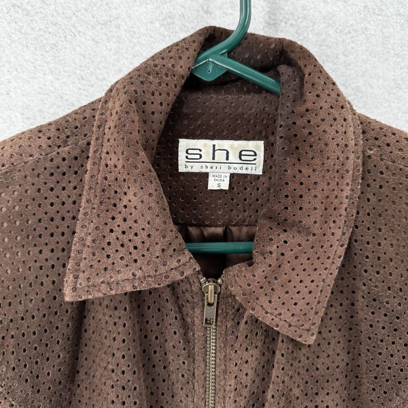Sheri Bodell Suede Jacket Womens SMALL Brown Eyelet Artsy Zip Up Leather Coat - Picture 1 of 15